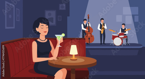 Woman enjoying a cocktail at a jazz club with live music.