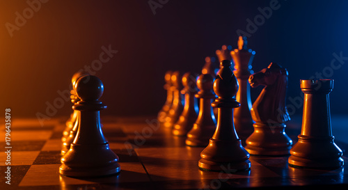 Chessboard lit by warm amber and cool blue light, pawn sharply in focus amid others, vivid contrast