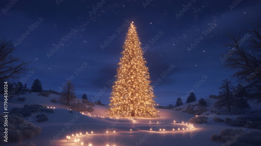 Naklejka premium Noel's Serenade: A radiant Christmas tree glows brightly beneath a starlit night, casting a magical illumination over a snow-covered landscape. Embracing the spirit of winter's joy.