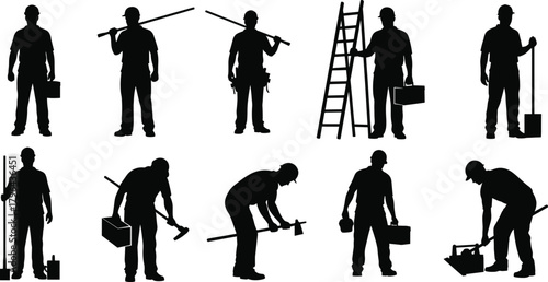 Construction workers silhouettes, labor tools, industrial poses, black figures, shovel, ladder, toolbox, hammer, teamwork, occupation, tradesmen, 