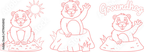 Red Outline Cartoon Groundhogs Waving from Burrow, Tree Stump, with Sun Illustration for Coloring