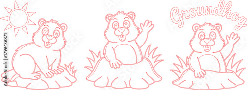 Red Outline Cartoon Groundhogs Emerging from Burrows with Sun and Groundhog Text on White Background