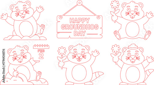 Red Outline Cartoon Groundhogs with Flowers and Calendar Symbolizing Happy Groundhog Day Celebration