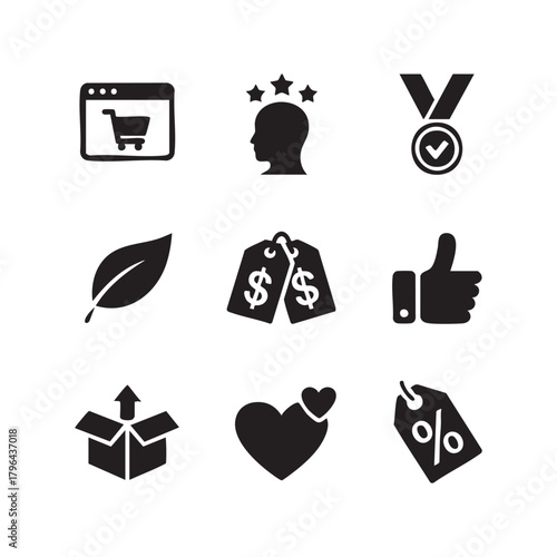 Collection of nine black icons representing shopping and customer satisfaction shopping cart
