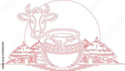 Red Outline Drawing of Cow, Pot with Drips, and Thatched Huts Village Illustration