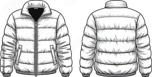 Puffer jacket technical sketch, front view, back view, quilted coat illustration, insulated outerwear, fashion flat, winter apparel, zipper pockets, ribbed cuffs, high collar