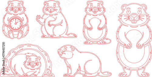 Red Outline Drawing of Groundhogs, One Holding a Clock, Groundhog Day Theme Illustration