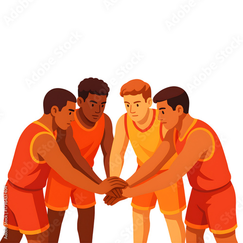 Basketball Team's Unity Diverse Players Hand in Hand for Teamwork and Sportsmanship Spirit