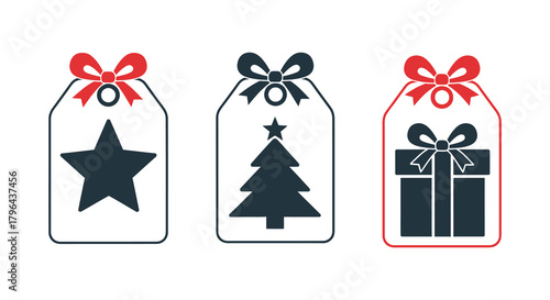 Set of three festive christmas gift tags with bows featuring a star tree and present illustration