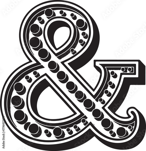 Decorative vector ampersand symbol with an ornate patterned fill and a subtle 3D effect isolated on black