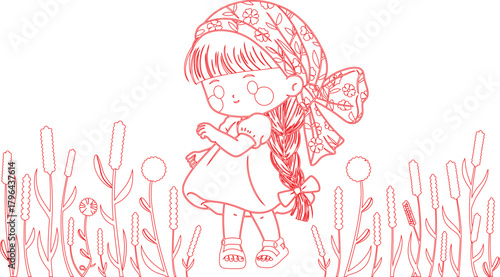 Red Outline Illustration of a Girl with Braid in Field of Plants