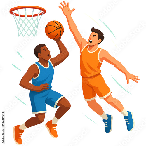 Basketball Action Two Players in a Dynamic Dunking or Blocking Play, Sports Illustration