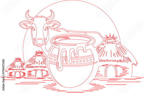 Red Outline Illustration of Cow, Pot, and Huts against a White Background and Circle Motif
