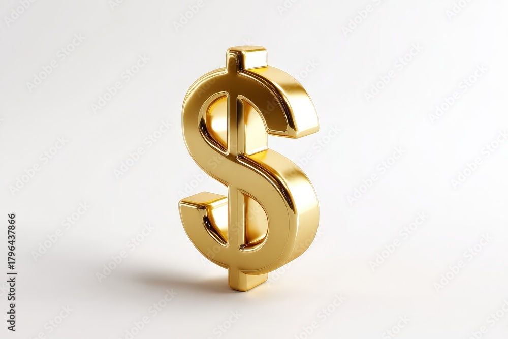 Obraz premium A 3D render of a golden 'Dollar Sign' icon. Isolated on a plain white background with a soft shadow. Represents 'money', 'finance', 'currency', 'profit', or 'payment'.