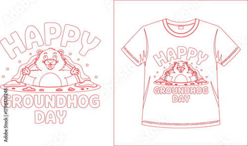 Red Outline of Happy Groundhog Day Design and TShirt Illustration for Print