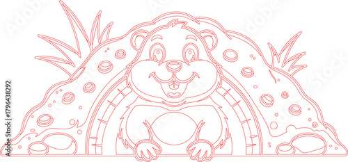 Red Outlined Groundhog Peeking From Burrow, Cartoon Style Illustration, White Background, Detailed Line Art