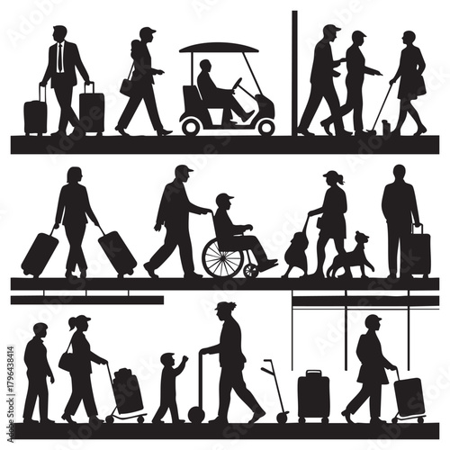Diverse people silhouettes traveling with luggage and mobility aids suitcase