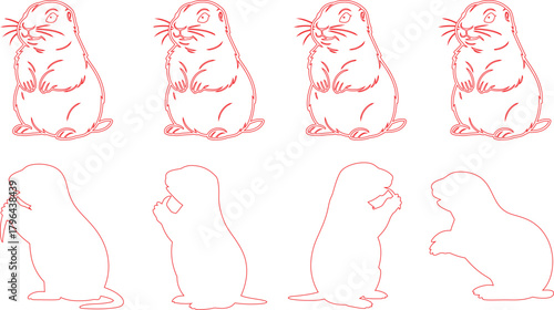 Red Outlines of Prairie Dogs, Standing and Eating on a White Background