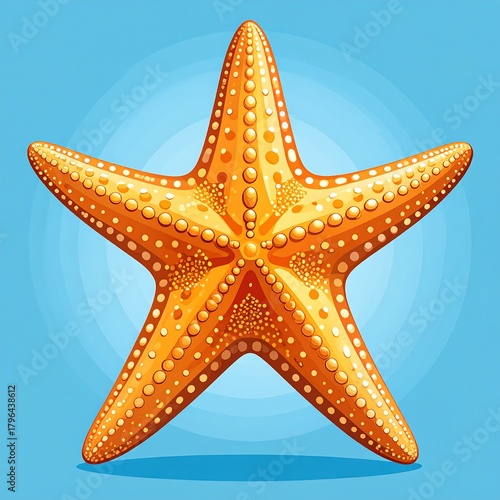 A vibrant illustration showcases a starfish, rendered in warm orange tones, against a gradient blue background reminiscent of the ocean