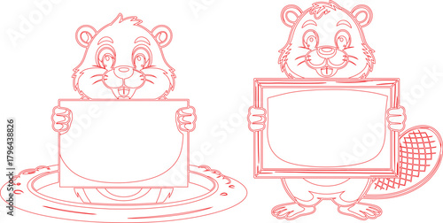 Two Outlined Beavers Holding Blank Signs, One in Water, Perfect for Custom Text or Design Addition