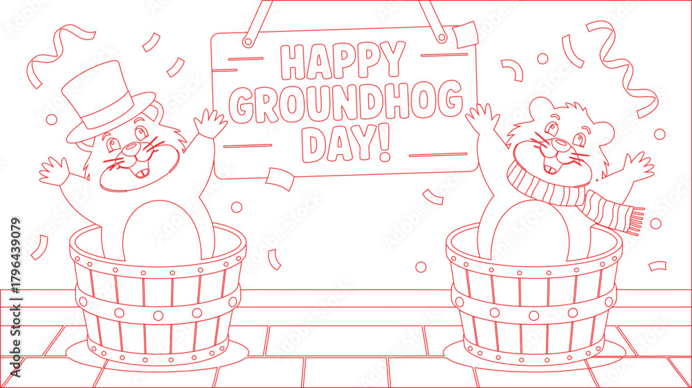 Fototapeta premium Two Red Outline Groundhogs in Buckets Celebrating Happy Groundhog Day with Confetti and Tile Floor