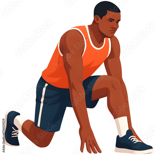 Illustration of an athletic Black man in a runner's starting position, ready to sprint