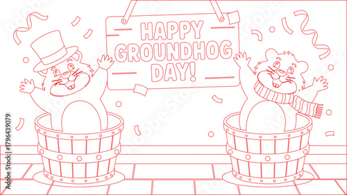 Two Red Outline Groundhogs in Buckets Celebrating Happy Groundhog Day with Confetti and Tile Floor