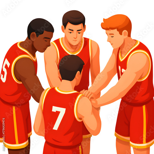 A diverse group of basketball players in red uniforms huddled together, demonstrating teamwork and discussing game strategy before a match