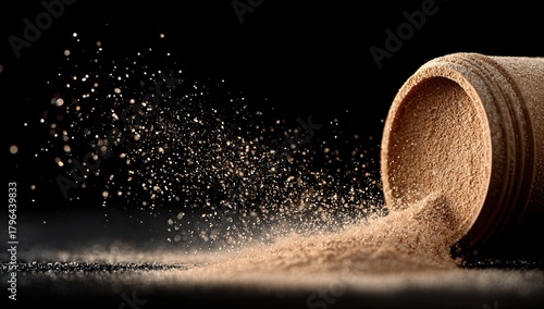 Spilled powder from a round container against a black background