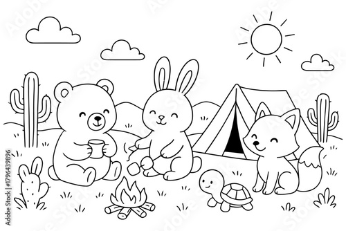 Cute Cartoon Animals Camping Together by Tent and Campfire with Sun and Clouds
