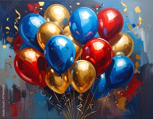 A vibrant illustration showcasing a bouquet of glossy, colorful balloons with metallic gold ribbons against a dynamic background of brushstrokes