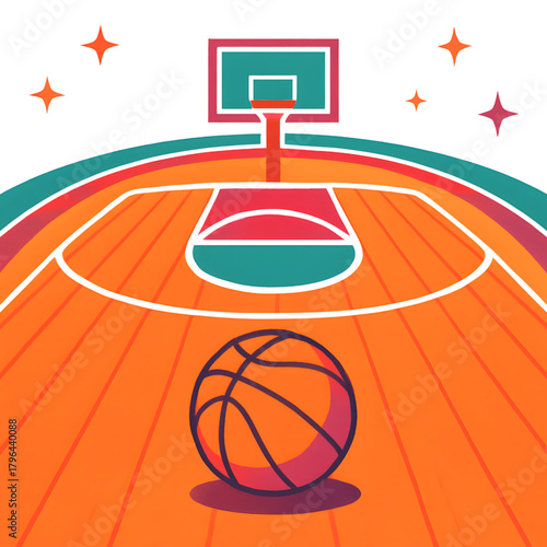 Retro basketball court with ball and hoop, stylized graphic art featuring vibrant colors and star accents