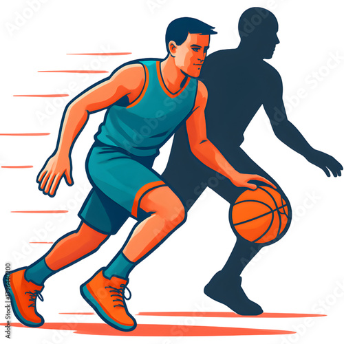 Athletic male basketball player showcasing skillful ball handling and dynamic movement while dribbling with intensity on the court