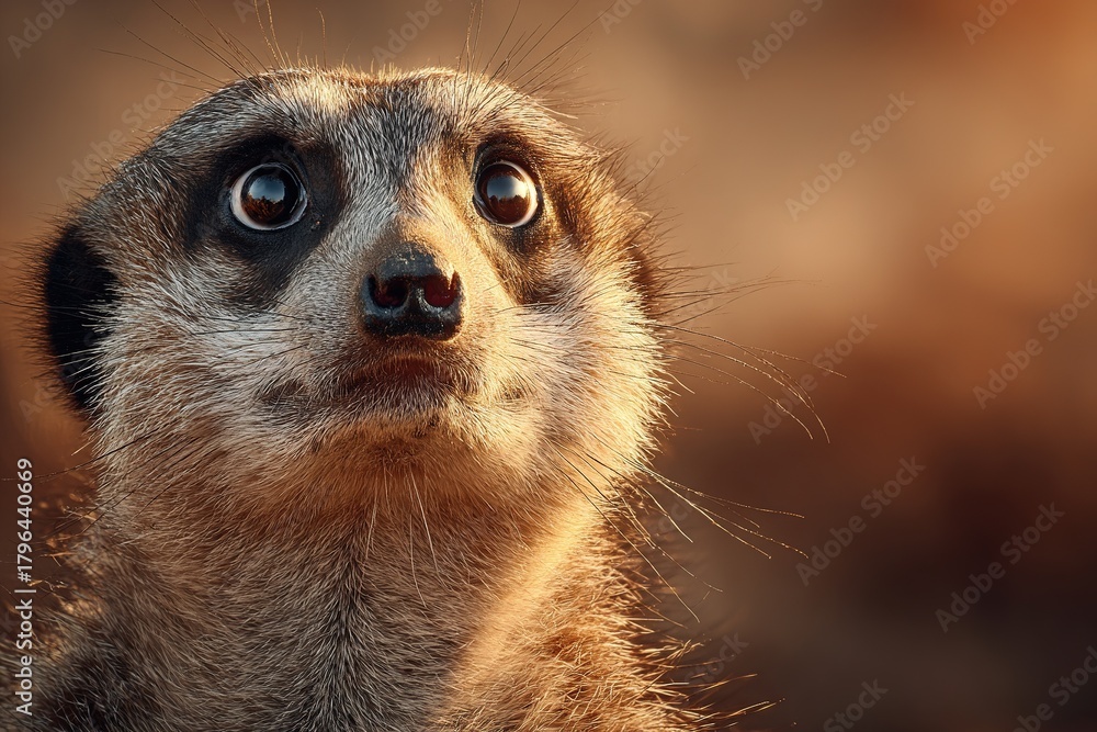 Fototapeta premium Close-up portrait of meerkat looking up with curious eyes and warm light on fur