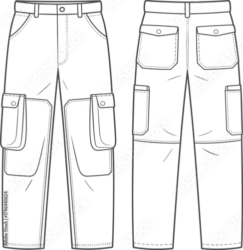 Technical flat sketch of cargo pants, flap pocket design, fashion template, garment construction drawing, apparel illustration, vector outline, waistband, seam details