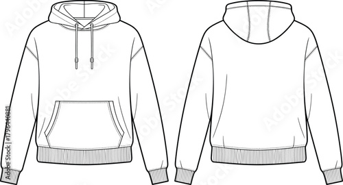 Technical flat sketch of hooded sweatshirt, kangaroo pocket design, fashion template, garment construction drawing, apparel illustration, vector outline, ribbed cuff, hem details