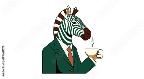 Cartoon zebra in a suit enjoying coffee in minimalist illustration style