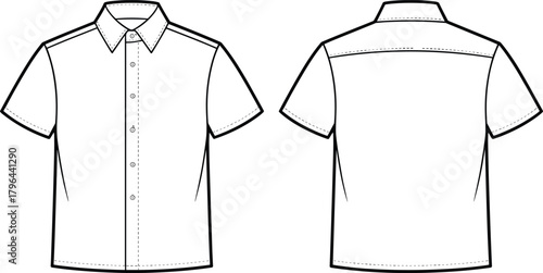 Technical flat sketch of short sleeve shirt, button-up collar design, fashion template, garment construction drawing, apparel illustration, vector outline, yoke details