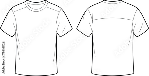 Technical flat sketch of short sleeve t-shirt, crewneck panel seam design, fashion template, garment construction drawing, apparel illustration, vector outline, stitching details