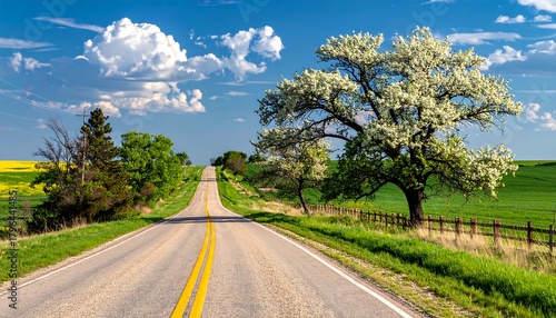 Wallpaper Mural Asphalt road leading towards a bright sky, with fields and blossoming tree Torontodigital.ca