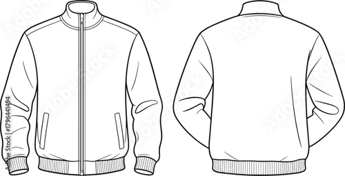 Technical flat sketch of zip-up jacket, high collar design, fashion template, garment construction drawing, apparel illustration, clothing blueprint, vector outline, pocket details