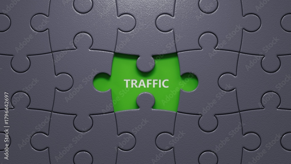 Fototapeta premium Wood block cube shape put the front computer keyboard with word TRAFFIC.close up of puzzle pieces with missing pieces,Business Concept.3D rendering.