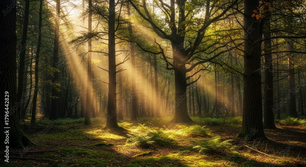 Fototapeta premium Sunbeams streaming through a lush green forest canopy.