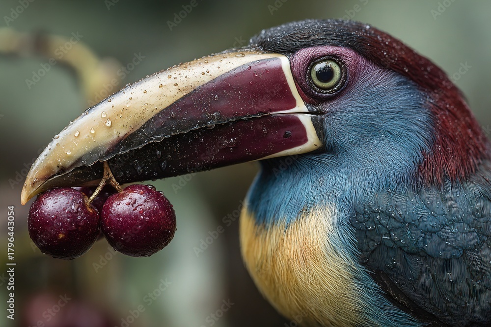 Obraz premium Close-up of colorful toucan holding fruit with wet beak in tropical forest