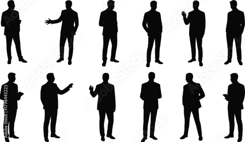 Businessman silhouette poses, standing figure icons, suit posture set, gesture collection, black profile shapes, corporate body language illustration