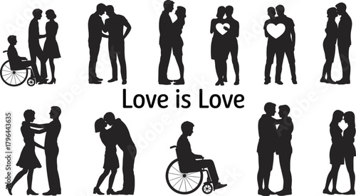 Couples silhouette set, inclusive love poses, hugging, kissing, holding hands, black vector illustration, romantic icon, diversity theme, white background