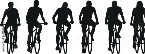 Cyclist silhouette set, people riding bicycles, various postures and styles, black vector illustration, transportation icon, motion figure, white background