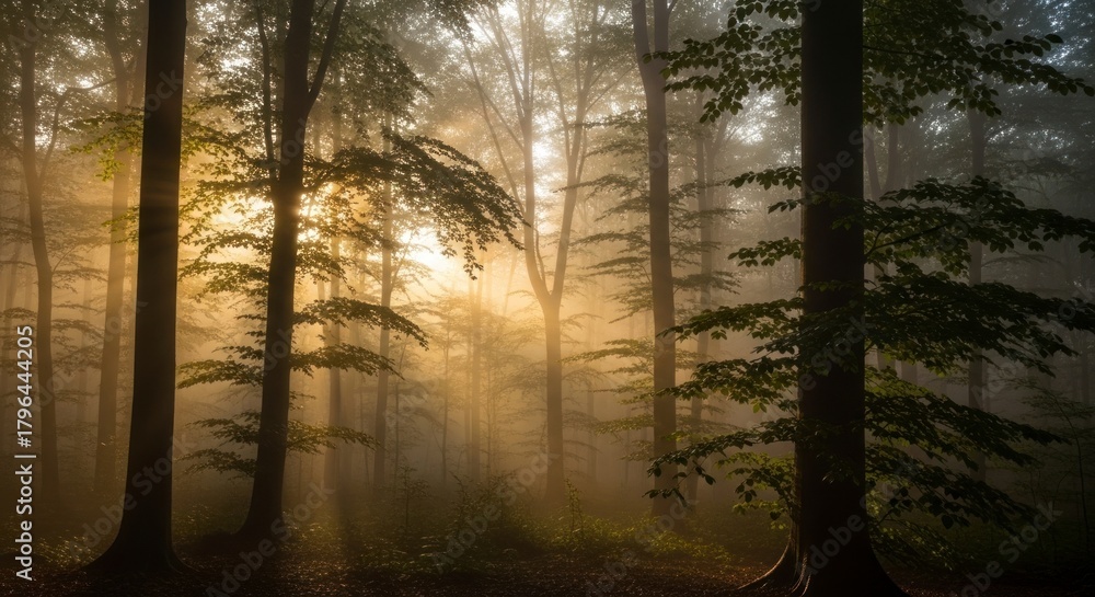 Fototapeta premium Sunlight filtering through misty forest trees.