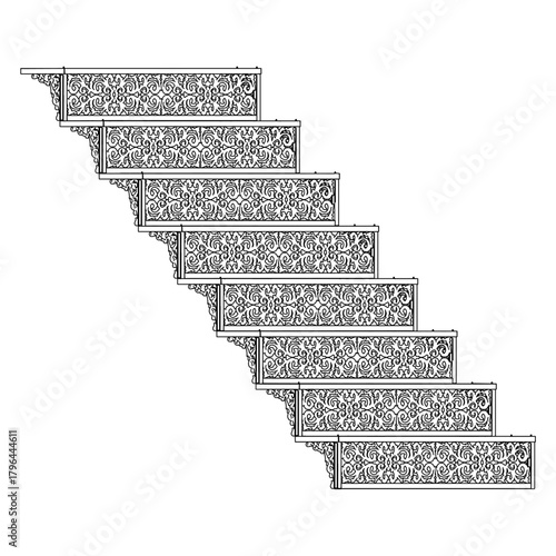 Ornamental Stair Steps Vector. Decorative Retro Vintage Stairs That Use Metal In Their Design. Illustration Isolated On White Background. 