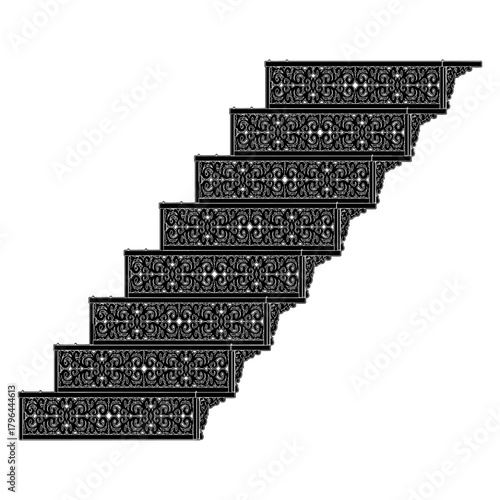 Ornamental Stair Steps Vector. Decorative Retro Vintage Stairs That Use Metal In Their Design. Illustration Isolated On White Background. 